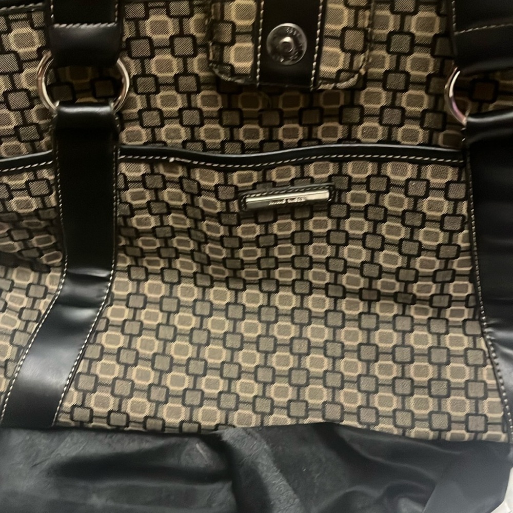 Black and Tan Structured Tote with Geometric Pattern